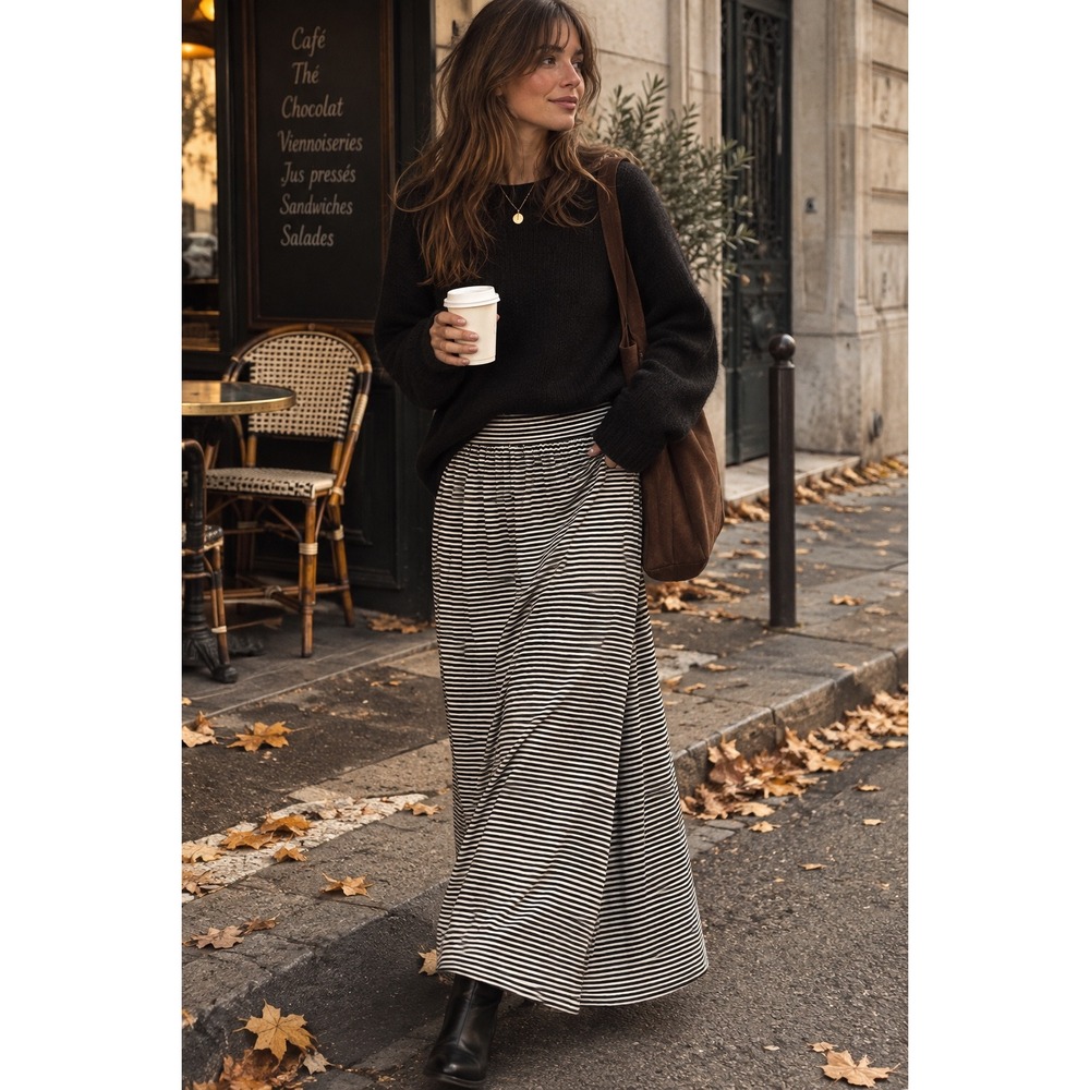 LOFT Small Petite Black White Striped Jersey Maxi Skirt Stretch Pull On Coastal